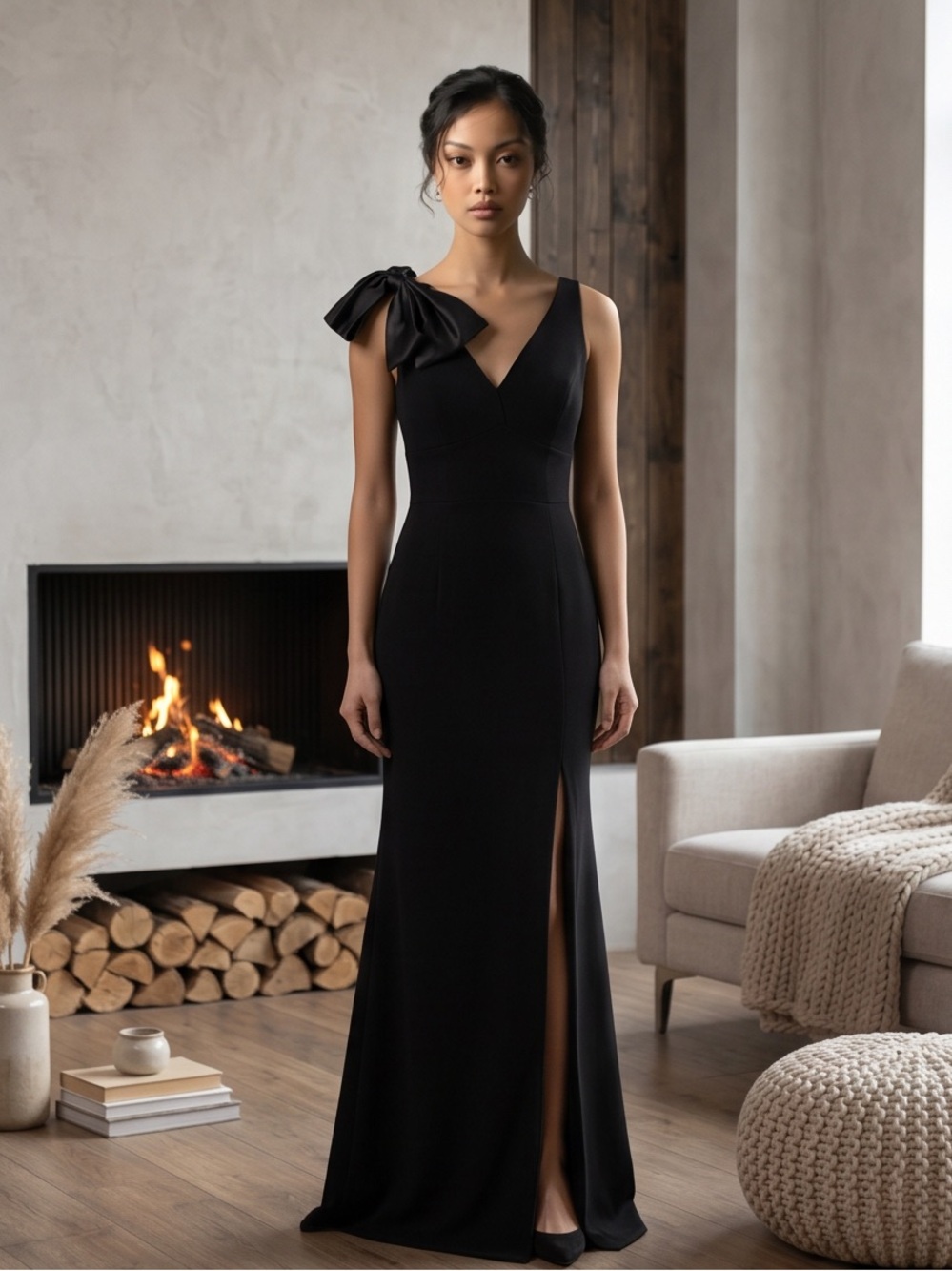 Black One-Shoulder Evening Gown with Shoulder Bow